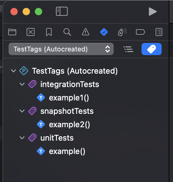 Xcode Test Navigator showing tests organised by tags