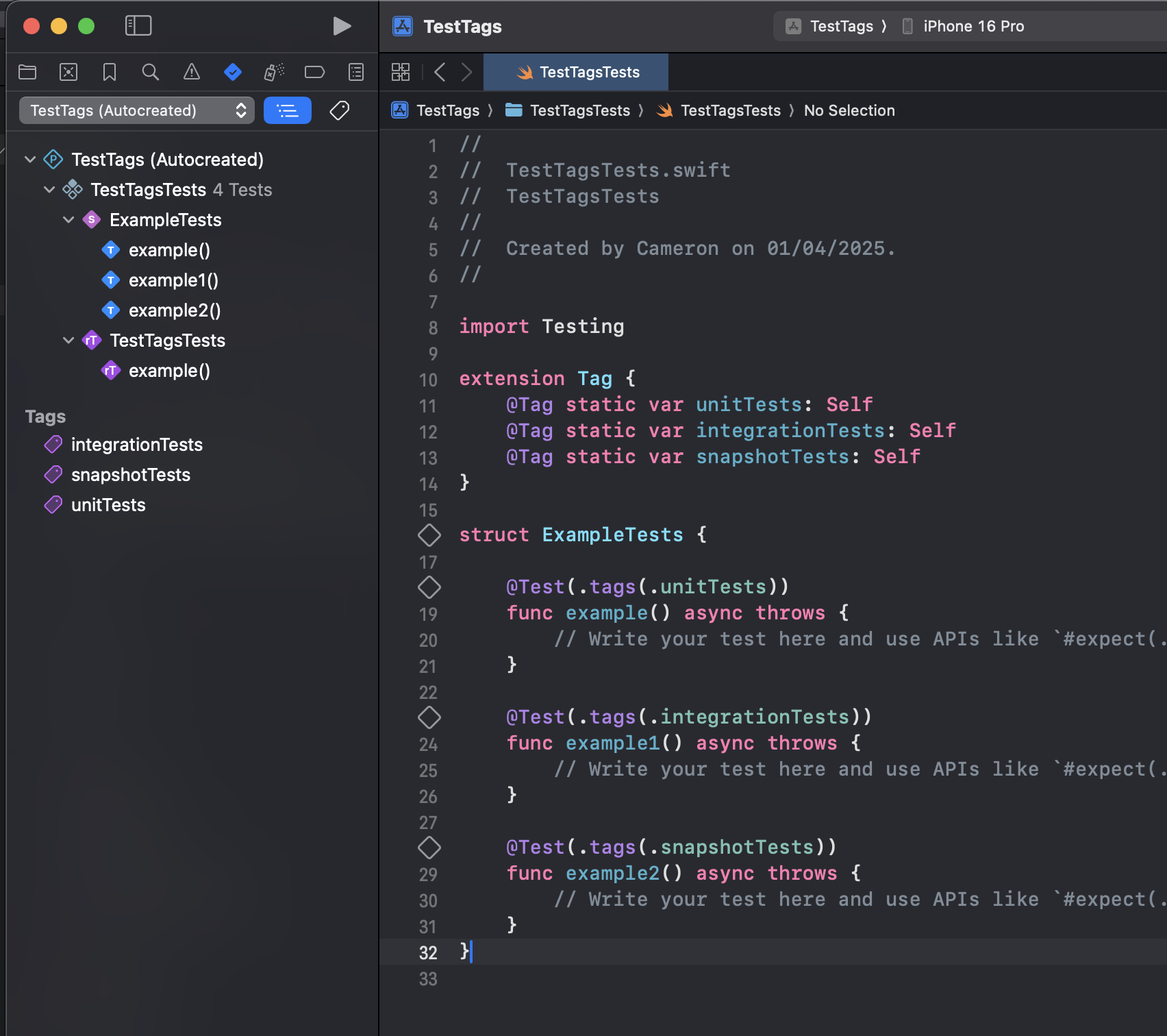 Xcode Test Navigator showing how to run tests by tag